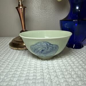 Vtg Studio Pottery Bowl Seafoam Green Blue Shell Palm Relief Ceramic Coastal